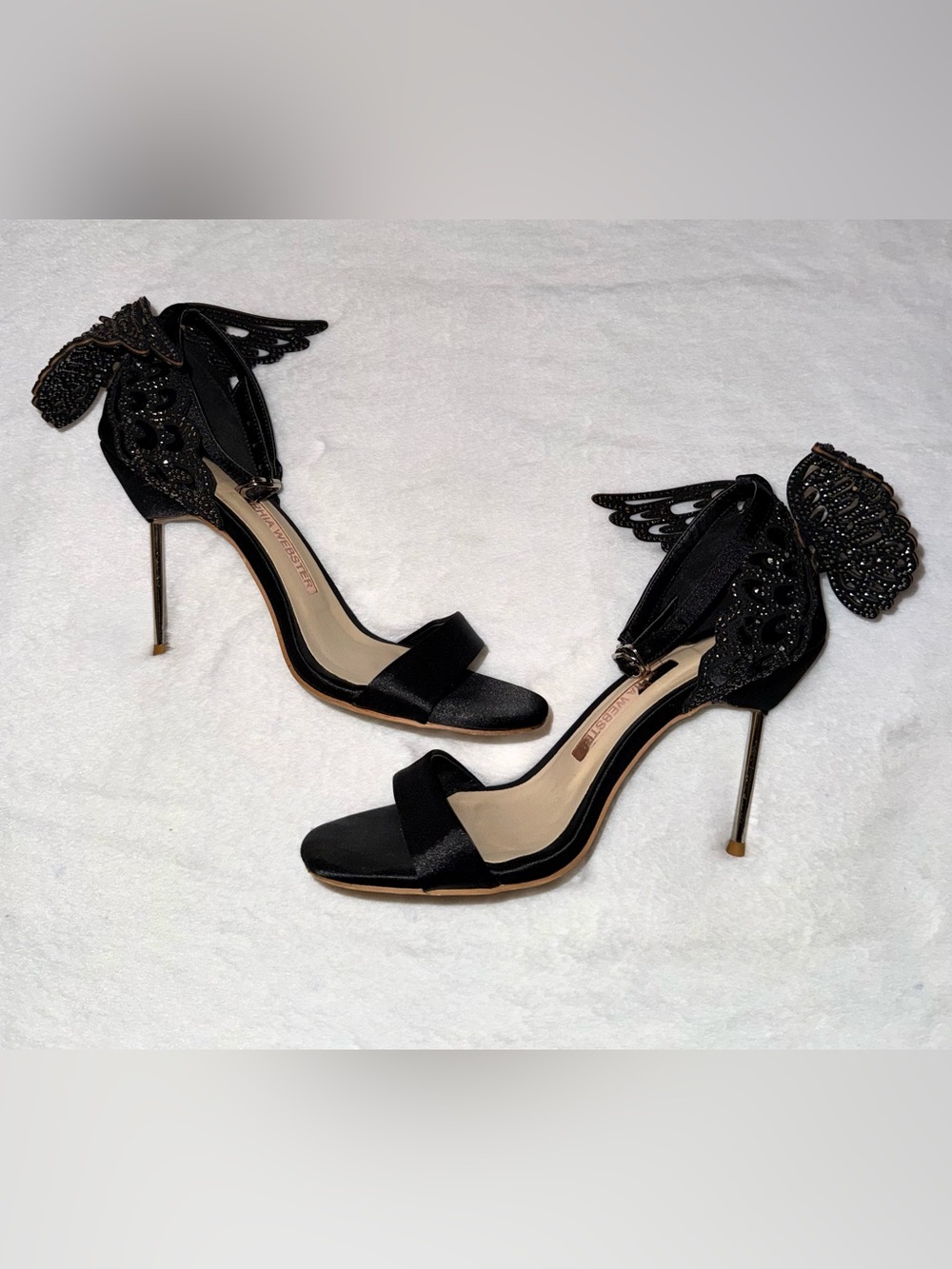 Sophia Webster Evangeline Black Satin Crystal Butterfly Heel,(IT)-38/(US)-7.5